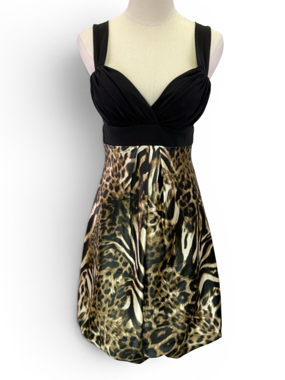 Betsy & Adam Leopard Print Bubble‎ Hem Cocktail Ruched Bodice Dress Size L Y2K